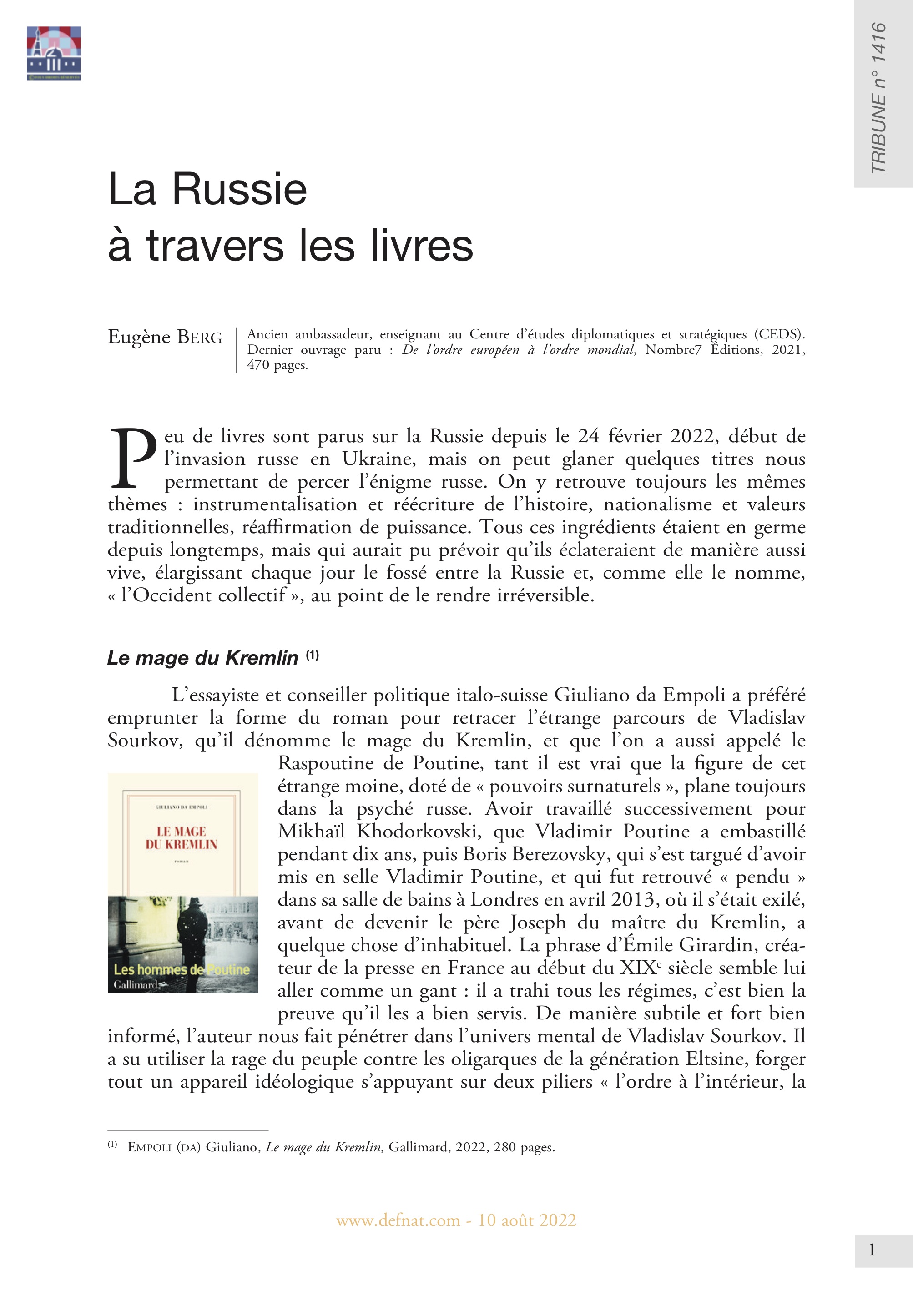 La Russie à travers les livres (juillet-août 2022) (T 1416)
